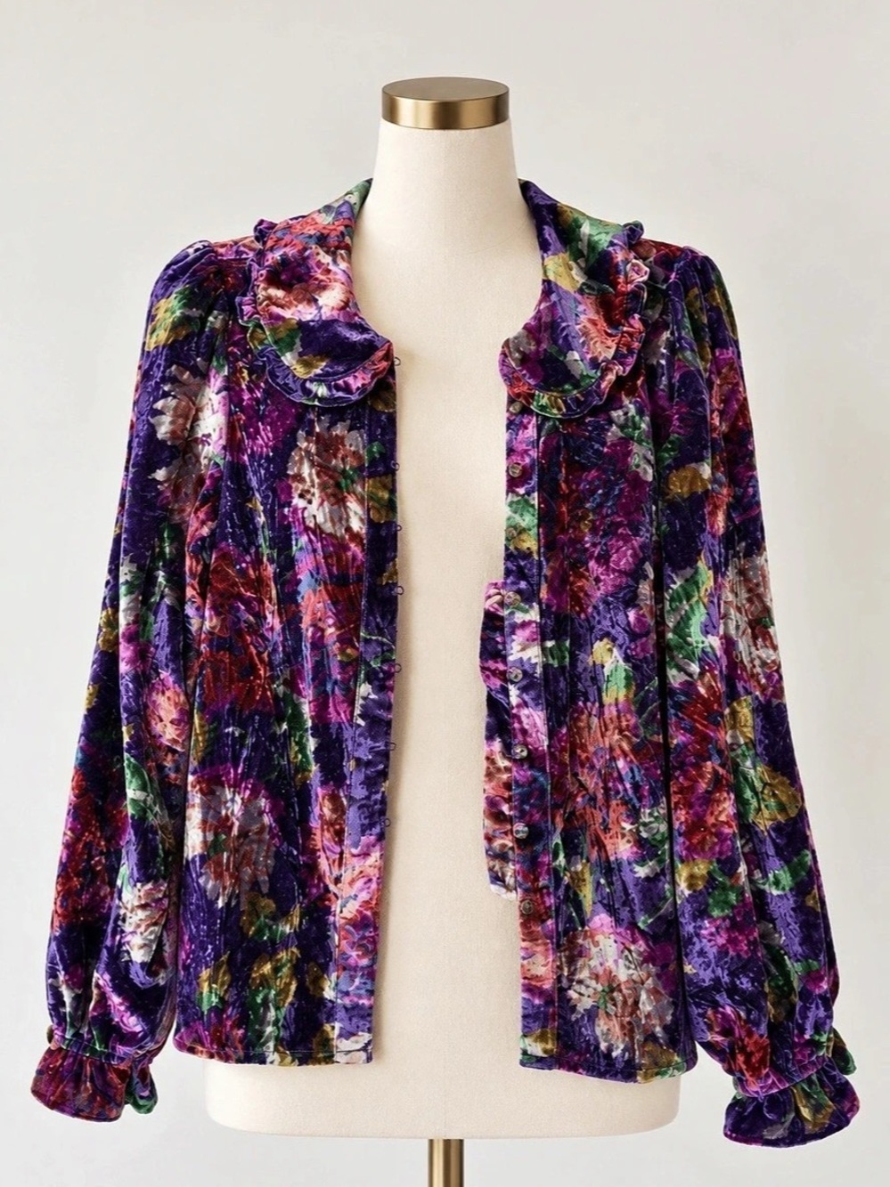 PILCRO Anthropologie Keira Velvet Long-Sleeve Blouse Purple & Multicolor Medium